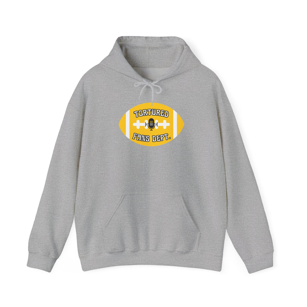 Football Graphic Hoodie — "Tortured Fans Dept." Yellow Logo