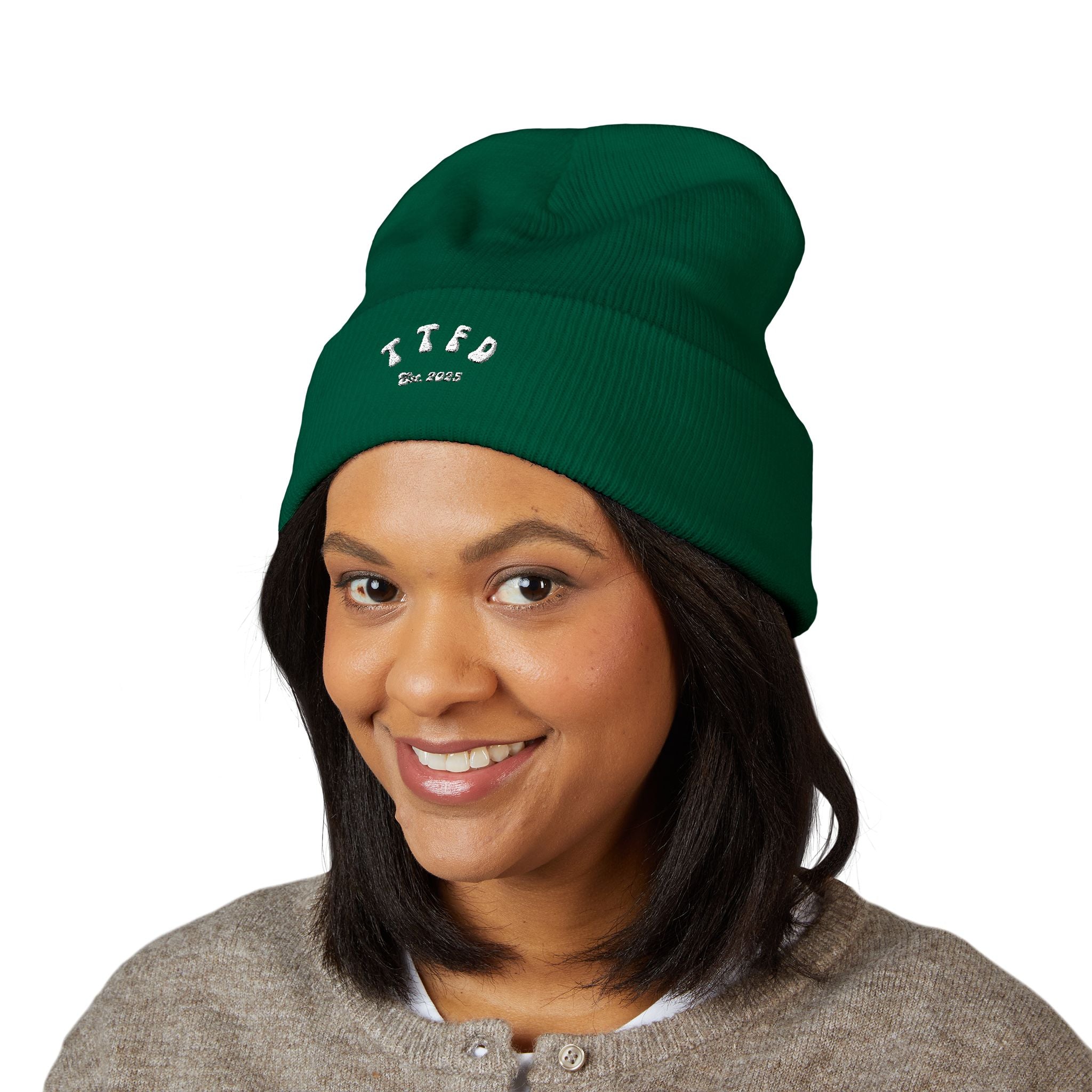 Embroidered 'TIFO' Cuffed Beanie — Cozy Olive Knit Winter Hat
