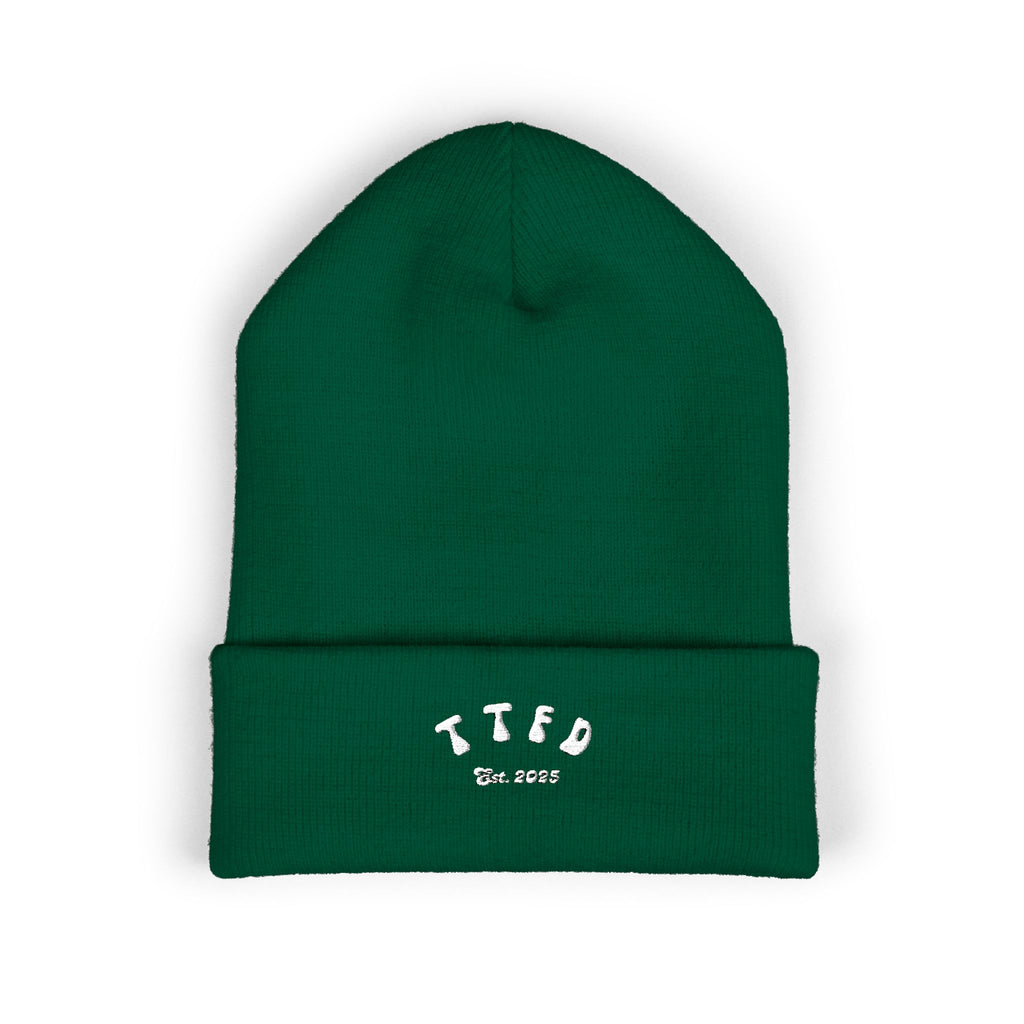 Embroidered 'TIFO' Cuffed Beanie — Cozy Olive Knit Winter Hat