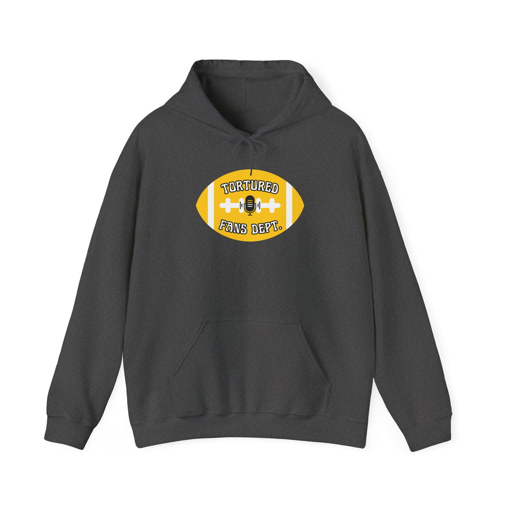 Football Graphic Hoodie — "Tortured Fans Dept." Yellow Logo