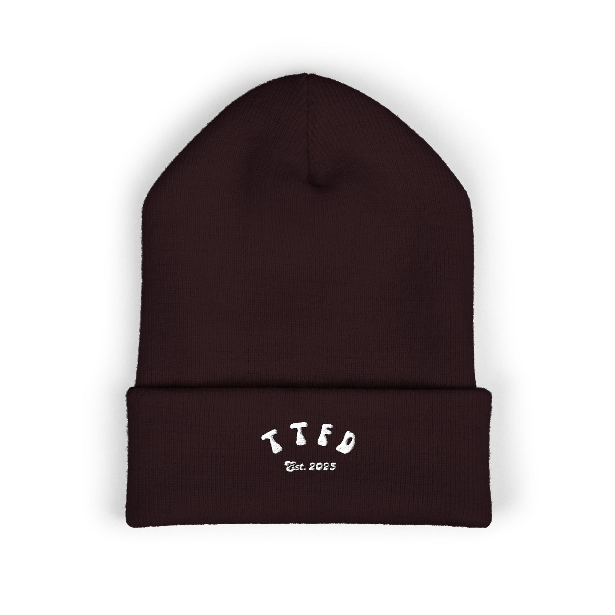 Embroidered 'TIFO' Cuffed Beanie — Cozy Olive Knit Winter Hat