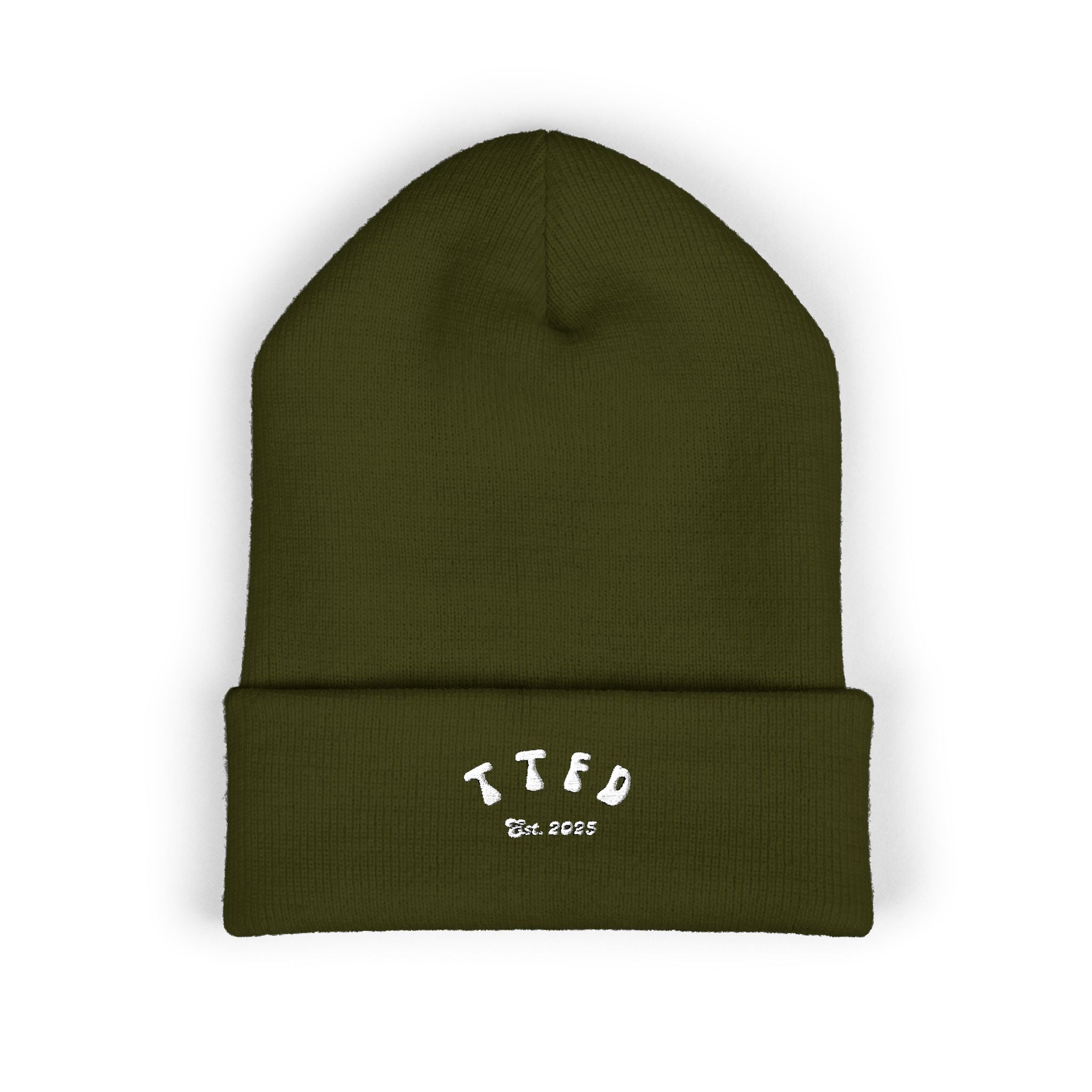 Embroidered 'TIFO' Cuffed Beanie — Cozy Olive Knit Winter Hat